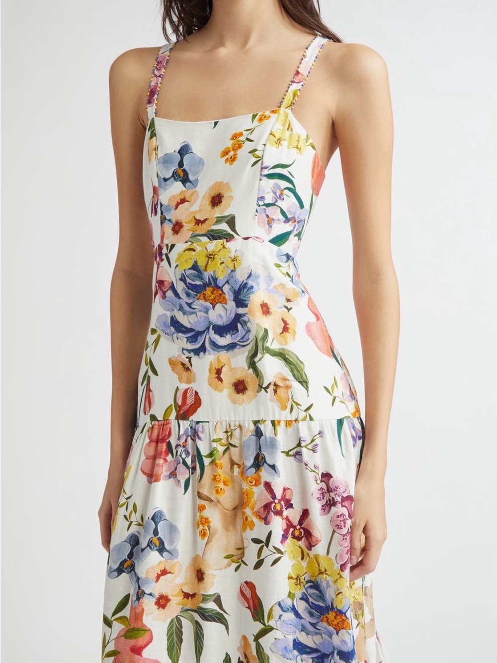 FARM Rio Cream Floral Tiered Maxi Dress with Blue, Yellow & Pink Blooms - Picture 3 of 4
